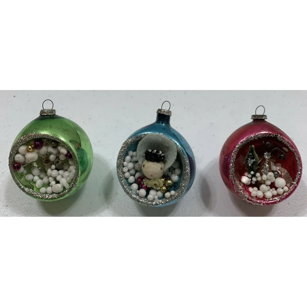 Vintage Antique Diorama Indent Mercury Glass Christmas Ornaments Japan Set Of 3